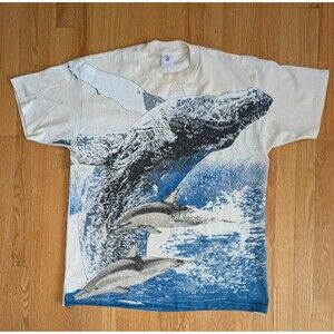 Vintage 90s 1994 Sunburst Sportswear Whale All Over Print Shirt XL Nature USA